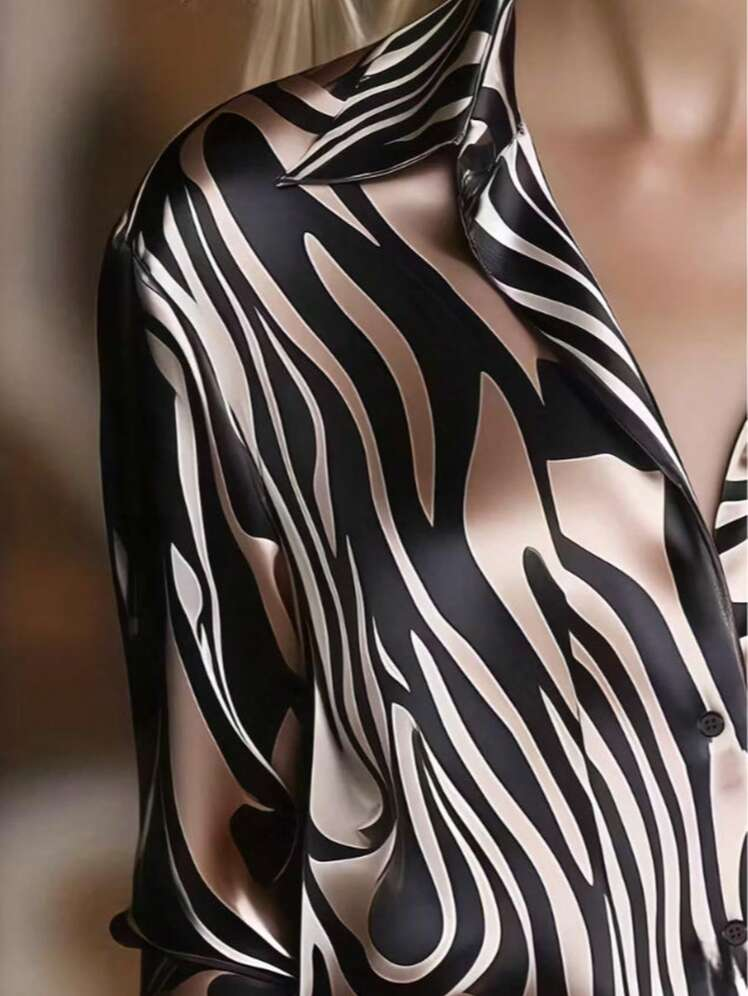 Elegant Satin Collar Zebra Print Shirt - Eliza-Warszawa
