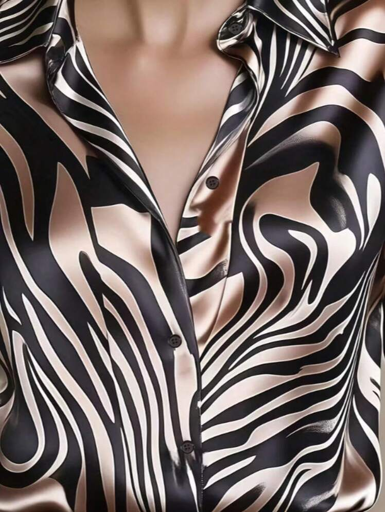 Elegant Satin Collar Zebra Print Shirt - Eliza-Warszawa