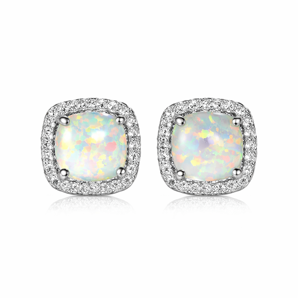 Elegant Silver Round White Fire Opal Stud Earrings