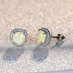 Elegant Silver Round White Fire Opal Stud Earrings