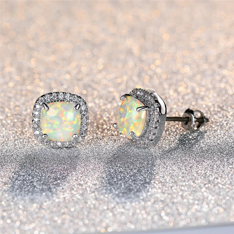 Elegant Silver Round White Fire Opal Stud Earrings