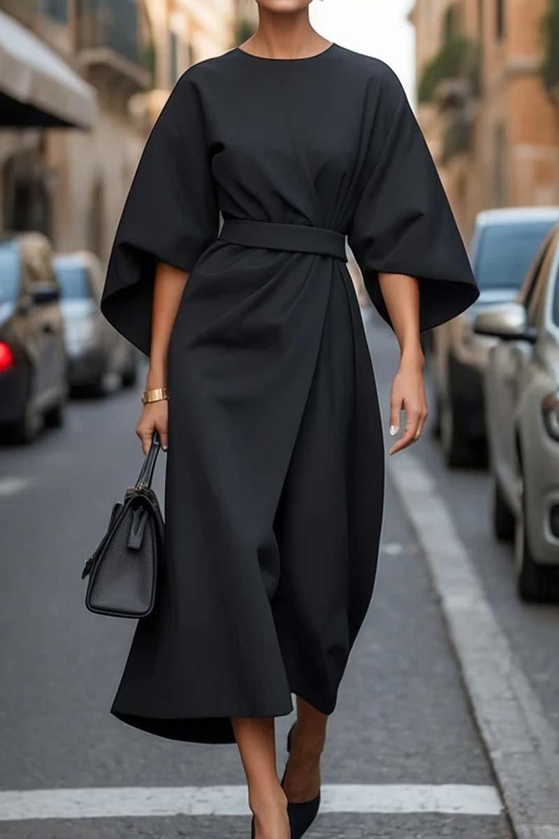 Elegant Solid Color Waist Dress - Eliza-Warszawa