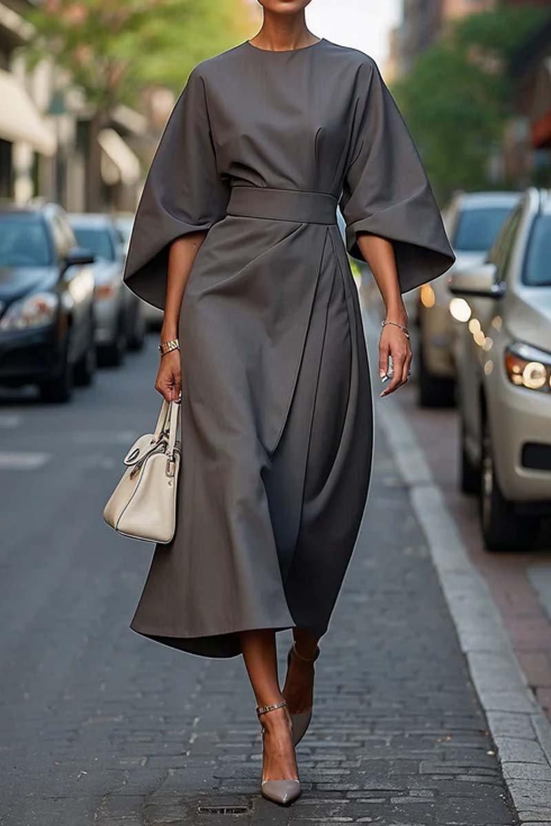 Elegant Solid Color Waist Dress - Eliza-Warszawa
