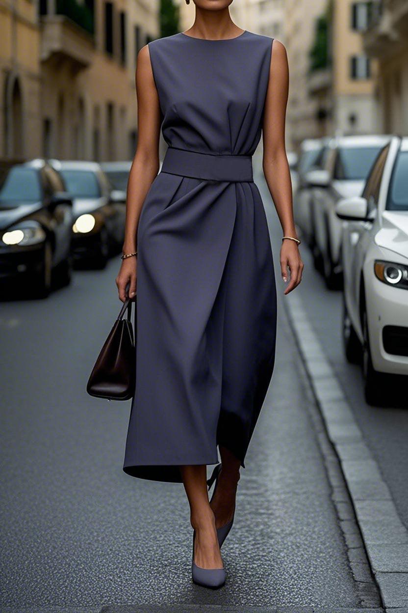 Elegant Solid Color Waist Dress - Eliza-Warszawa