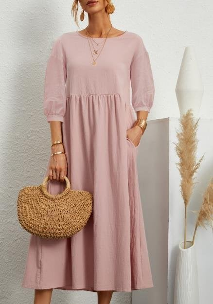 Elegant Solid Puff-Sleeve Pocket Maxi Dress - Eliza-Warszawa