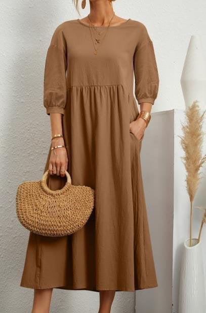 Elegant Solid Puff-Sleeve Pocket Maxi Dress - Eliza-Warszawa