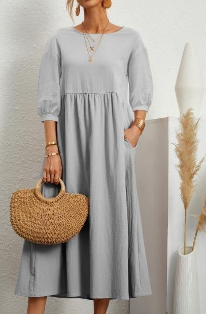 Elegant Solid Puff-Sleeve Pocket Maxi Dress - Eliza-Warszawa