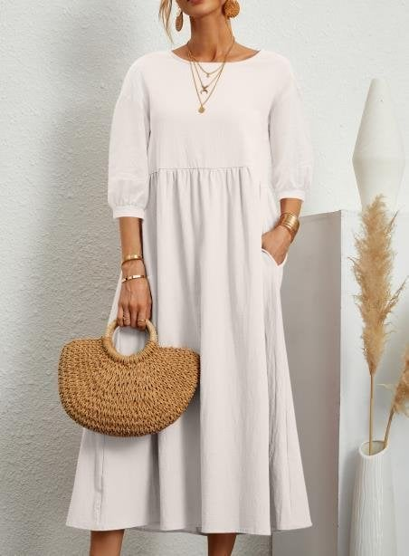 Elegant Solid Puff-Sleeve Pocket Maxi Dress - Eliza-Warszawa