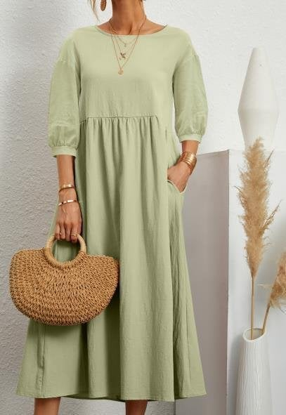 Elegant Solid Puff-Sleeve Pocket Maxi Dress - Eliza-Warszawa