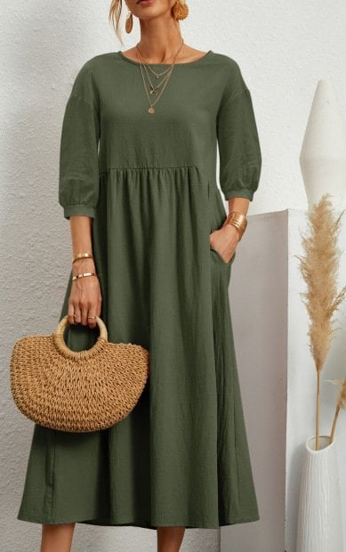 Elegant Solid Puff-Sleeve Pocket Maxi Dress - Eliza-Warszawa