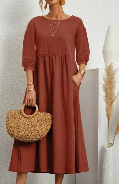 Elegant Solid Puff-Sleeve Pocket Maxi Dress - Eliza-Warszawa