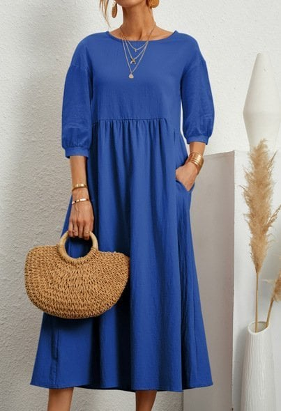 Elegant Solid Puff-Sleeve Pocket Maxi Dress - Eliza-Warszawa