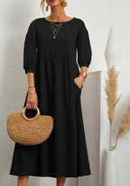 Elegant Solid Puff-Sleeve Pocket Maxi Dress - Eliza-Warszawa