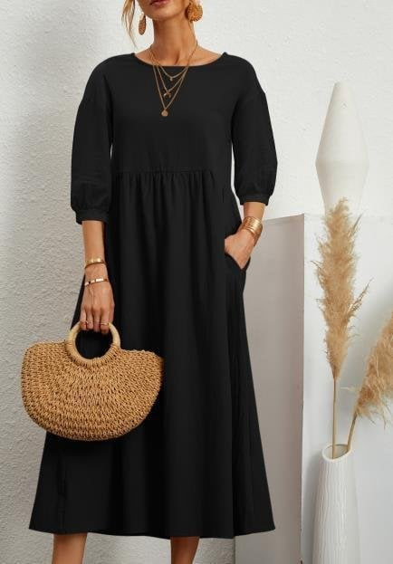 Elegant Solid Puff-Sleeve Pocket Maxi Dress - Eliza-Warszawa
