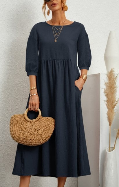 Elegant Solid Puff-Sleeve Pocket Maxi Dress - Eliza-Warszawa