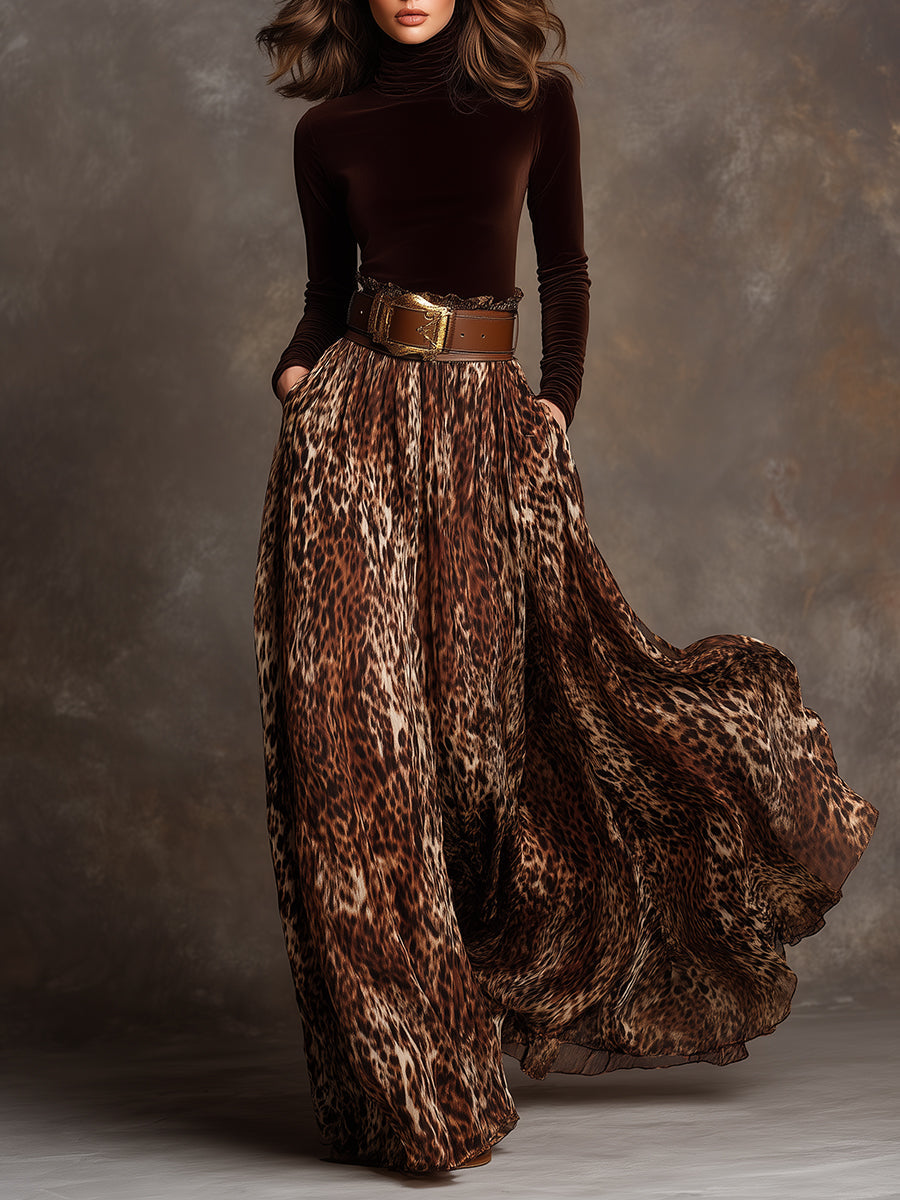 Elegant Turtleneck Velvet Top & Leopard Print Long Skirt Set With Belt