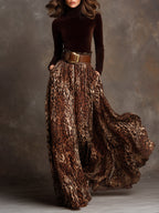 Elegant Turtleneck Velvet Top & Leopard Print Long Skirt Set With Belt