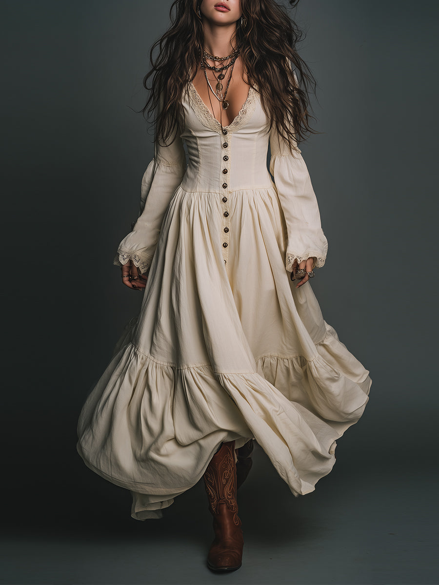 Elegant Vintage Lace Spliced single-breasted Cotton Maxi Dress - Eliza-Warszawa