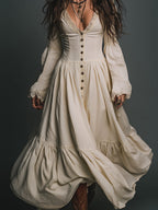 Elegant Vintage Lace Spliced single-breasted Cotton Maxi Dress - Eliza-Warszawa