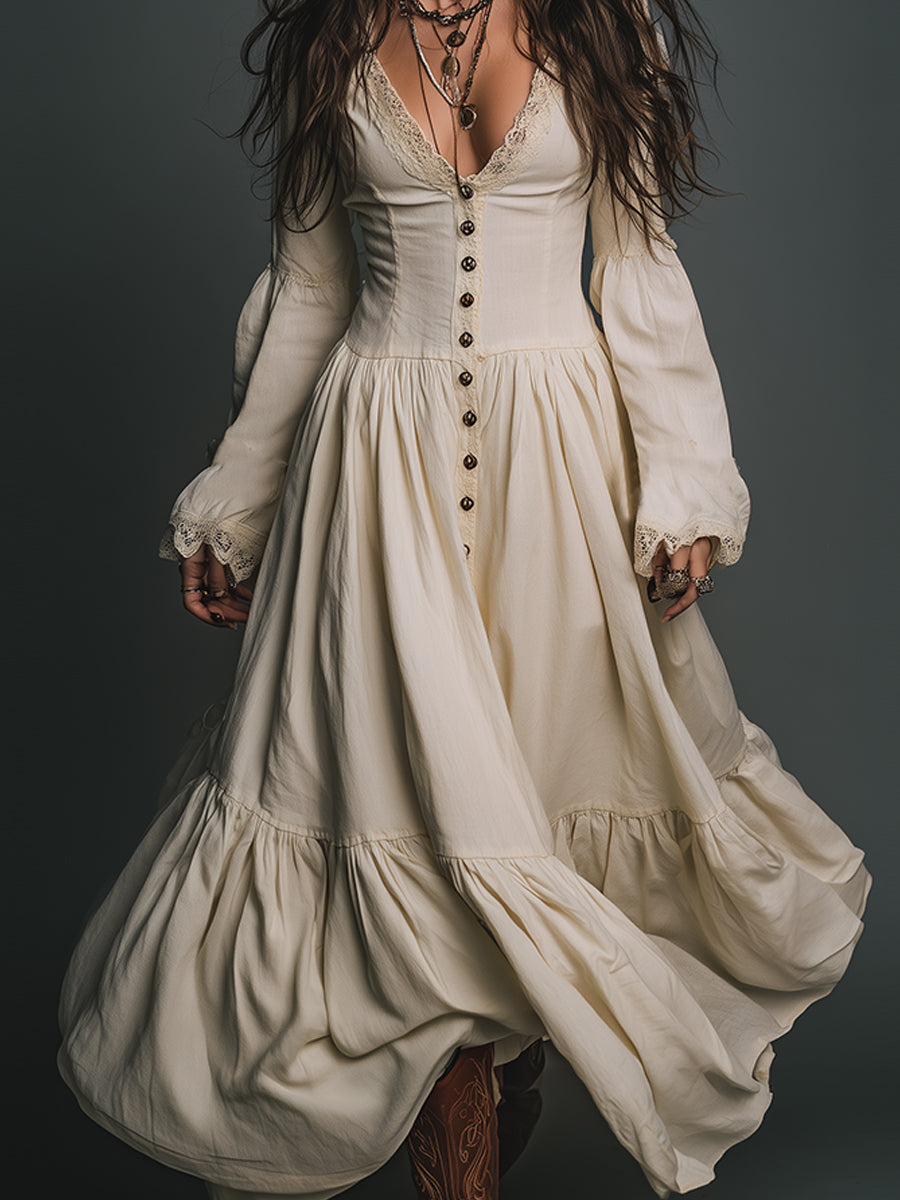 Elegant Vintage Lace Spliced single-breasted Cotton Maxi Dress - Eliza-Warszawa