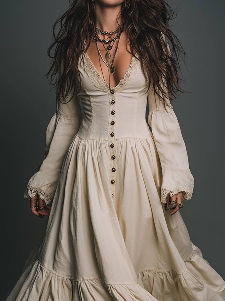 Elegant Vintage Lace Spliced single-breasted Cotton Maxi Dress - Eliza-Warszawa