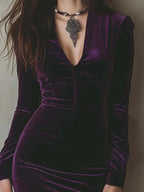 Elegant purple velvet slim-fit long-sleeved midi dress - Eliza-Warszawa