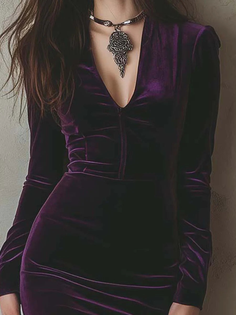 Elegant purple velvet slim-fit long-sleeved midi dress - Eliza-Warszawa