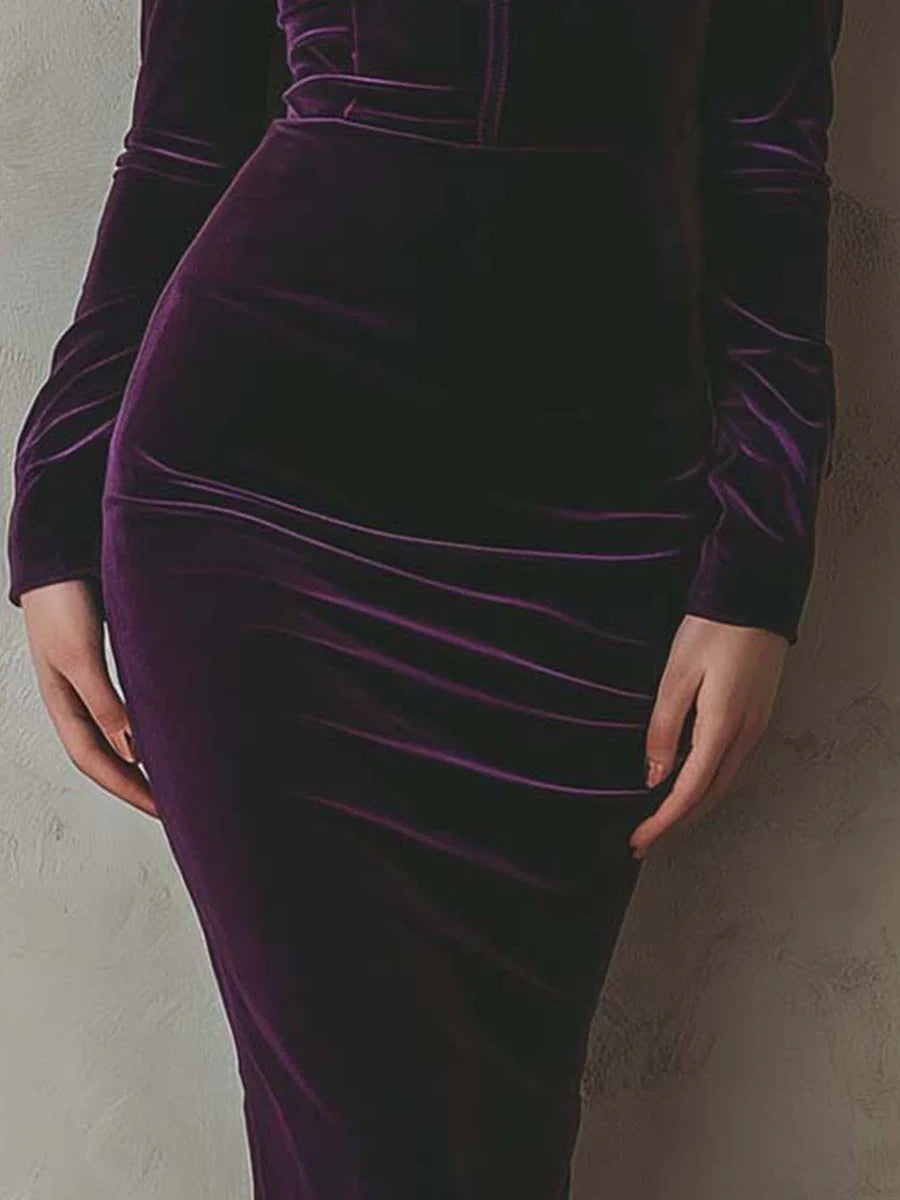 Elegant purple velvet slim-fit long-sleeved midi dress - Eliza-Warszawa