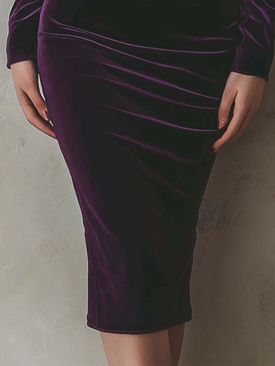 Elegant purple velvet slim-fit long-sleeved midi dress - Eliza-Warszawa