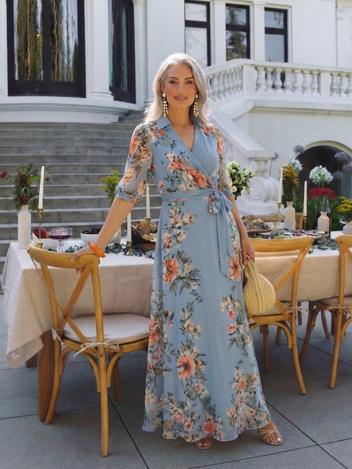 Elowen | Floral Print V-Neck Wrap Maxi Dress - Eliza-Warszawa