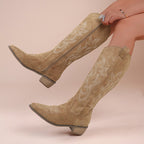 Embroidered Denim High-top Chunky-heeled Western Boots - Eliza-Warszawa
