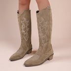 Embroidered Denim High-top Chunky-heeled Western Boots - Eliza-Warszawa