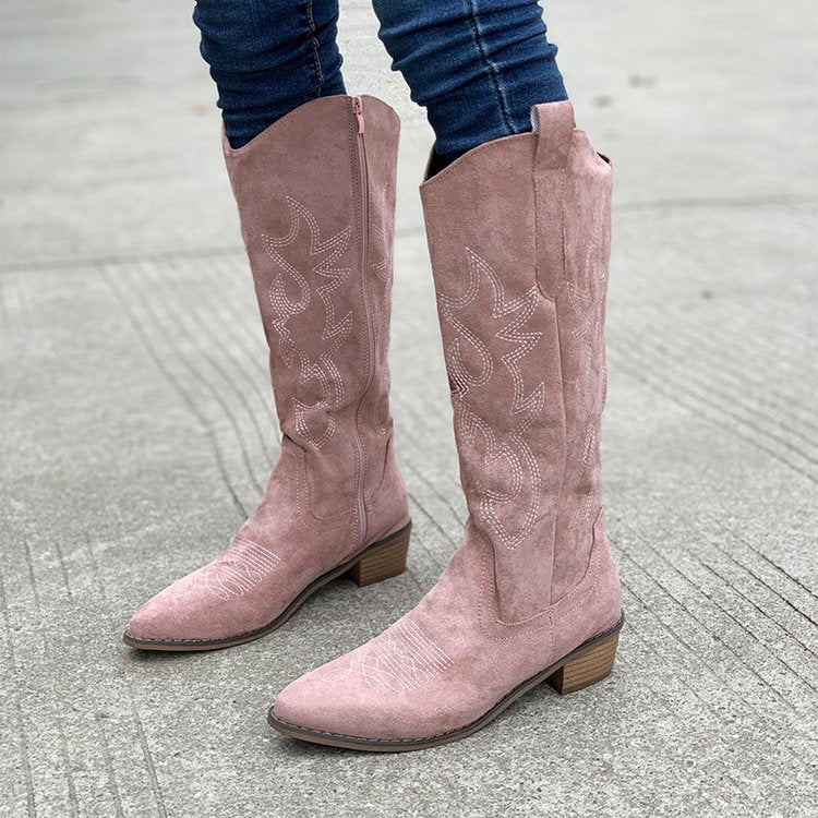 Embroidered Denim High-top Chunky-heeled Western Boots - Eliza-Warszawa
