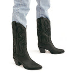 Embroidered Pointed Toe Thick Heel Western Boots - Eliza-Warszawa