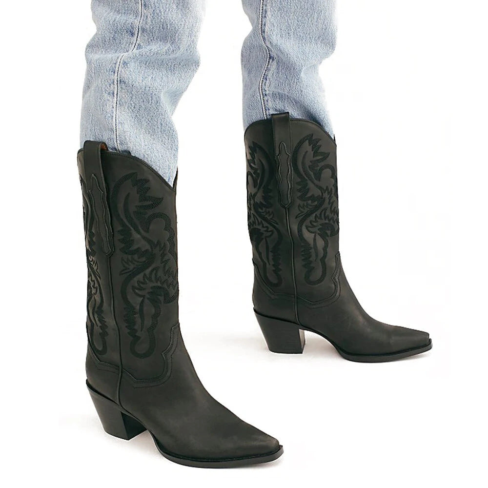 Embroidered Pointed Toe Thick Heel Western Boots - Eliza-Warszawa