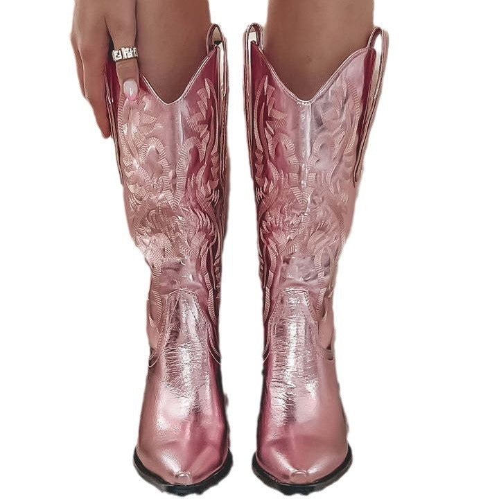 Embroidered Pointed Toe Thick Heel Western Boots - Eliza-Warszawa