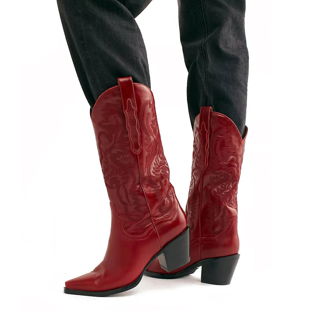 Embroidered Pointed Toe Thick Heel Western Boots - Eliza-Warszawa