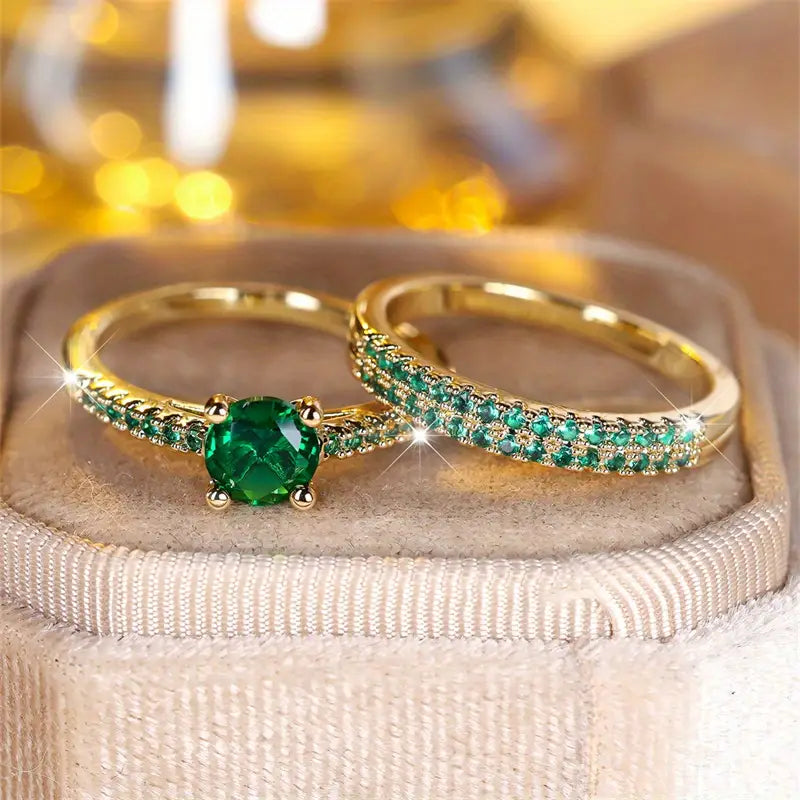 Emerald Duo Ring Gold Set - Eliza-Warszawa