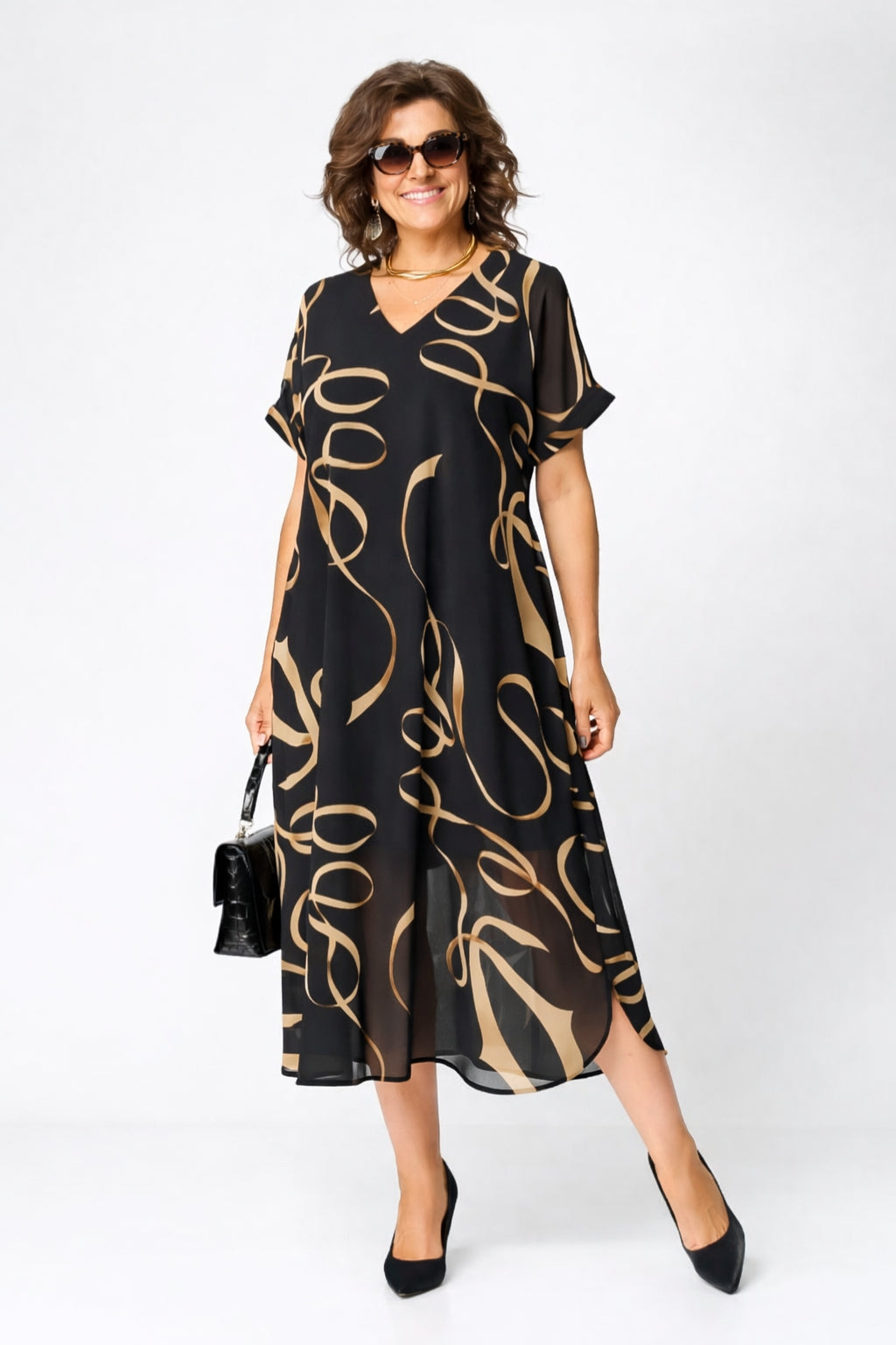Emma | Effortless V-Neck White Midi Dress with Relaxed Fit - Eliza-Warszawa