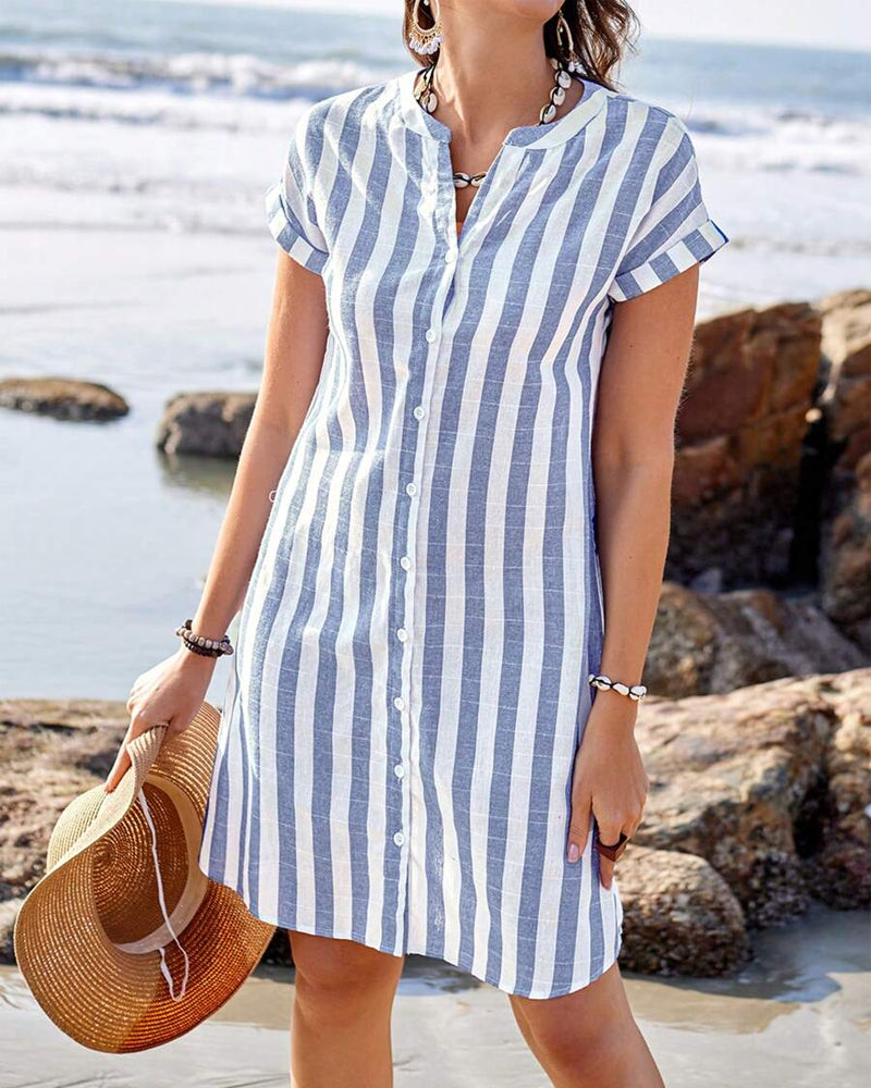 Emma | Elegant Striped V-Neck Midi Dress for Effortless Summer Style - Eliza-Warszawa