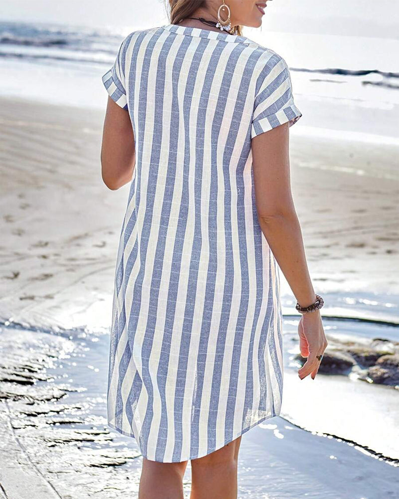 Emma | Elegant Striped V-Neck Midi Dress for Effortless Summer Style - Eliza-Warszawa