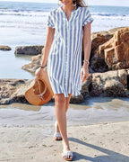 Emma | Elegant Striped V-Neck Midi Dress for Effortless Summer Style - Eliza-Warszawa