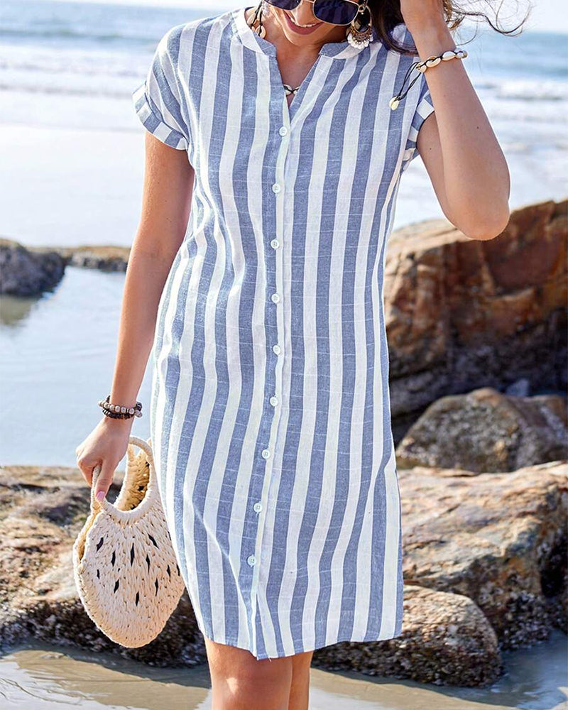 Emma | Elegant Striped V-Neck Midi Dress for Effortless Summer Style - Eliza-Warszawa