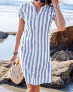 Emma | Elegant Striped V-Neck Midi Dress for Effortless Summer Style - Eliza-Warszawa