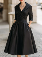Emma | Elegant Wrap Neckline Flared Midi Dress for Wedding Guests - Eliza-Warszawa