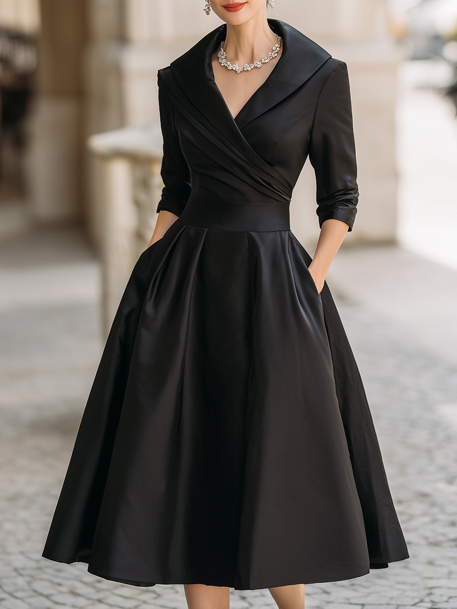 Emma | Elegant Wrap Neckline Flared Midi Dress for Wedding Guests - Eliza-Warszawa