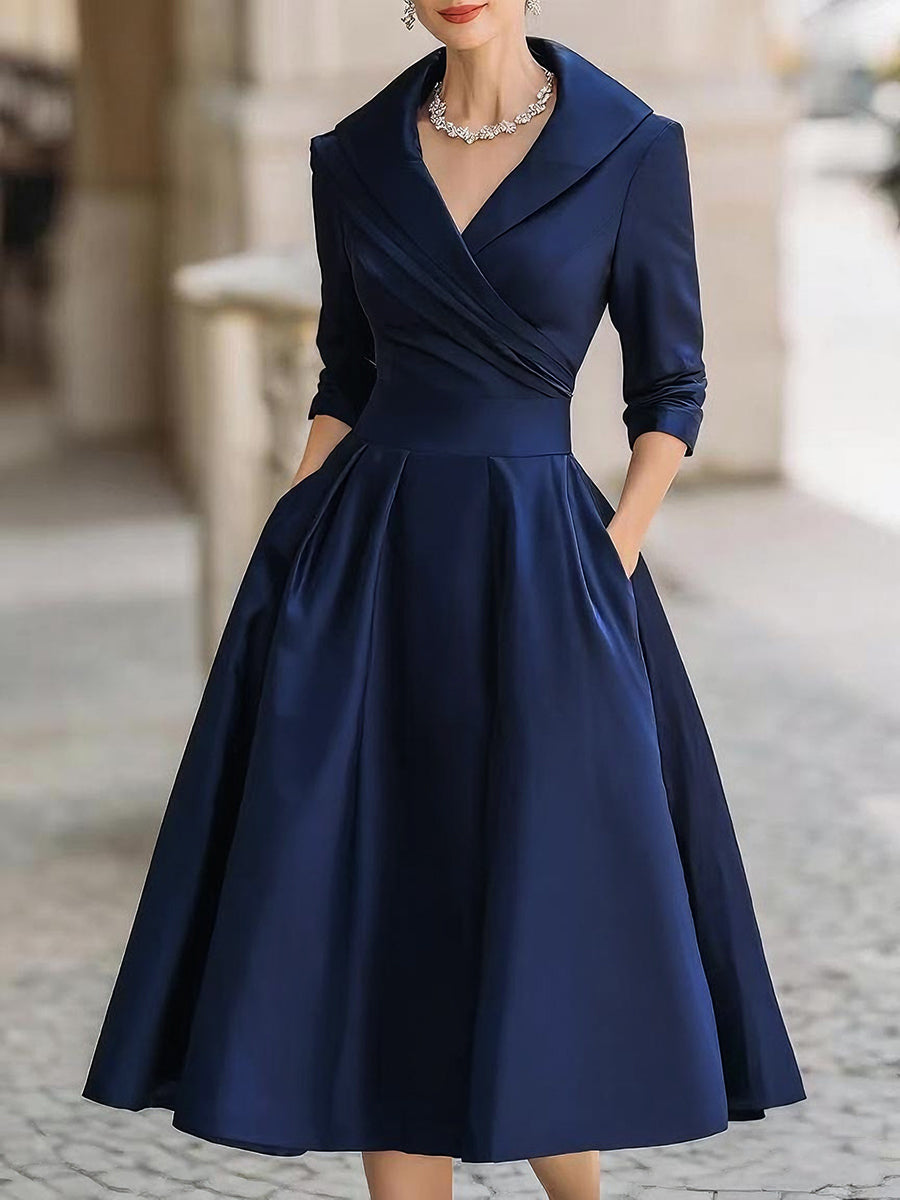 Emma | Elegant Wrap Neckline Flared Midi Dress for Wedding Guests - Eliza-Warszawa
