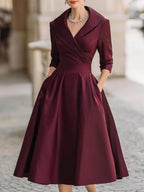 Emma | Elegant Wrap Neckline Flared Midi Dress for Wedding Guests - Eliza-Warszawa