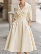 Emma | Elegant Wrap Neckline Flared Midi Dress for Wedding Guests - Eliza-Warszawa