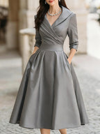 Emma | Elegant Wrap Neckline Flared Midi Dress for Wedding Guests - Eliza-Warszawa